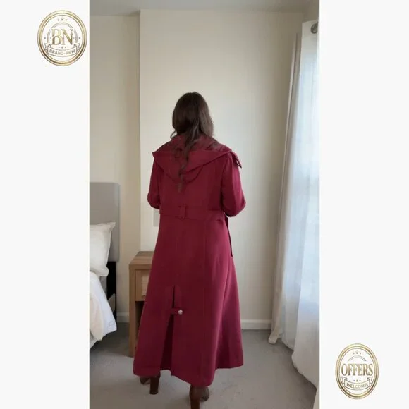 Long Wool Blend Trench Coat with Hood and Belts